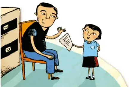 Ilustración de una niña entregando un documento a un adulto sentado en una silla.