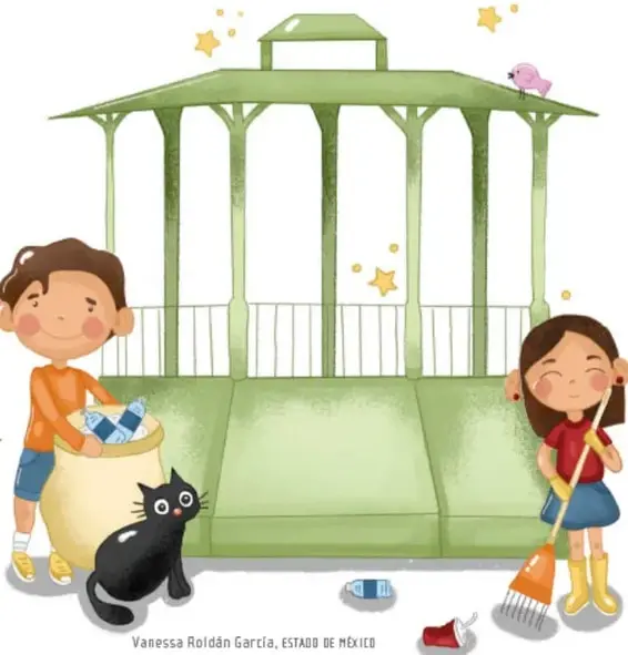Ilustración de dos niños limpiando bajo un kiosco verde: uno con camisa naranja recoge basura en una bolsa con un gato negro al lado, y otra con camisa roja barre. Crédito: Vanessa Roldán García, Estado de México.