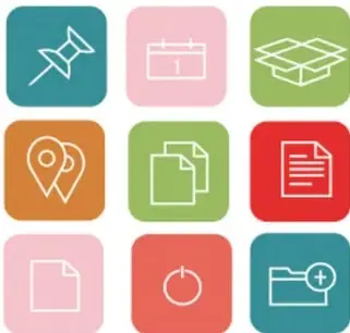 Cuadrícula de nueve iconos de colores (pictogramas): alfiler, calendario, caja, marcador de ubicación, documentos, carpeta, hoja, reloj, carpeta con más.