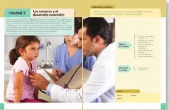 Doble página de ejemplo de una unidad con una fotografía y contenidos relacionados con el desarrollo sostenible.