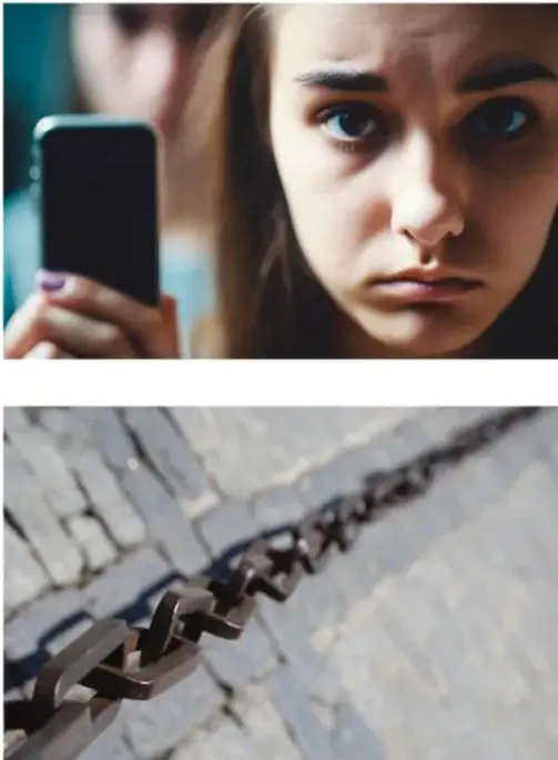 Rostro de una joven mirando su teléfono con expresión de preocupación.