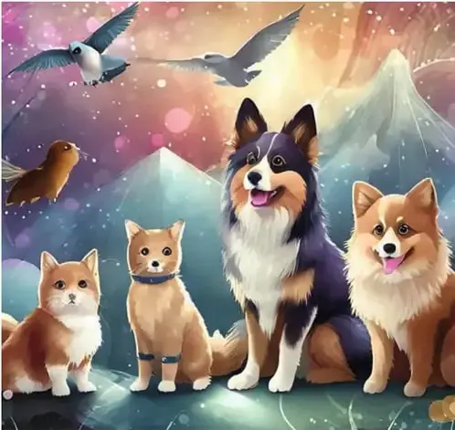 Ilustración fantástica de un perro grande, un gato pequeño y un Pomerania, con pájaros volando y montañas al fondo.