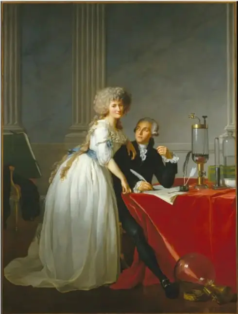 Pintura de Marie-Anne y Antoine Lavoisier en su laboratorio, con instrumentos científicos.
