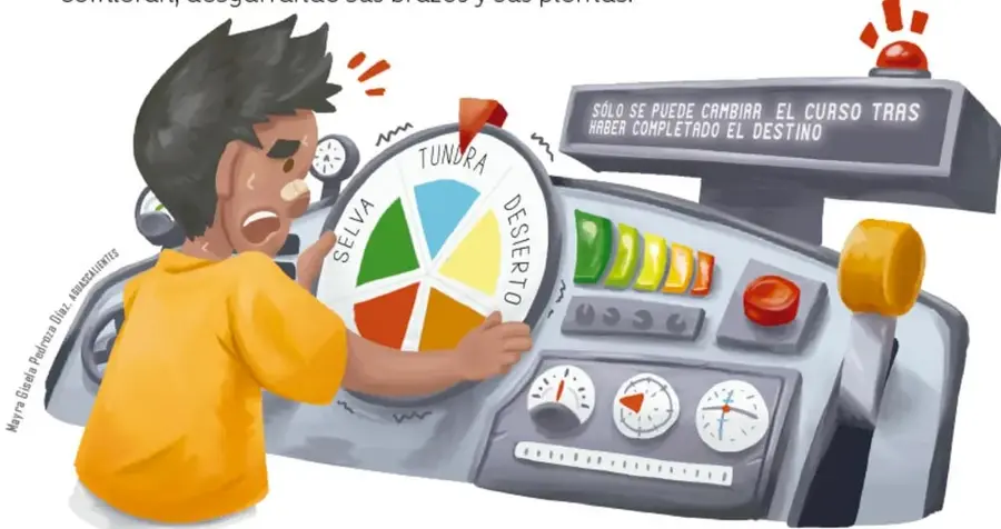 Ilustración de Javier, con sudor en la frente, frente a un tablero de control; al frente un disco con sectores rotulados SELVA (verde), TUNDA (amarillo claro), DESIERTO (naranja) y un sector azul; una cartelera superior dice "SÓLO SE PUEDE CAMBIAR EL CURSO TRAS HABER COMPLETADO EL DESTINO"; hay botones, perillas y tres relojes. Firma de la ilustradora: María Gabriela Peralta Díaz.