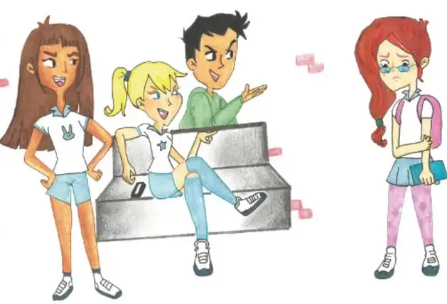 Ilustración (Laura Lilian Prieto Ganzález, Ciudad de México) de tres adolescentes en un banco hablando y mirando con desprecio a una chica que pasa sola, triste, con mochila: representación de la exclusión social.