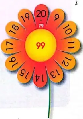 Flor numérica con números del 9 al 20 y centro con el número 99; se deben completar los complementos.