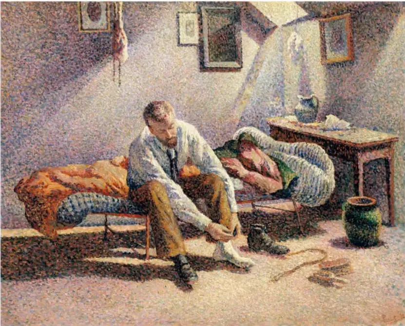 Pintura puntillista Mañana, interior (1890) de Maximilien Luce: hombre sentado en una cama poniéndose los zapatos, con luz entrando por una ventana.