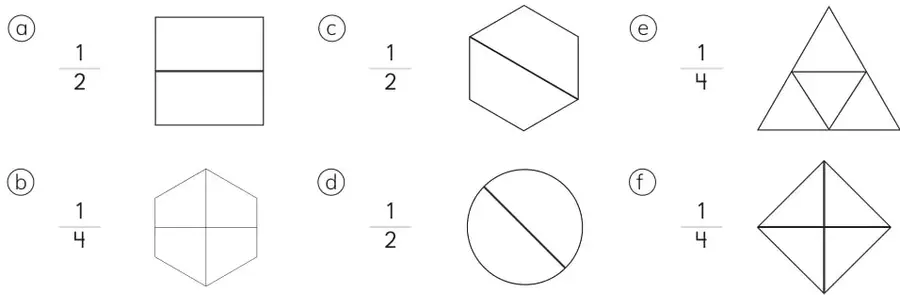 Seis figuras geométricas para pintar fracciones 1/2 y 1/4.