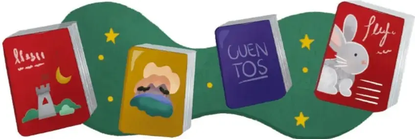 Ilustración de cuatro libros de colores sobre una base verde con estrellas amarillas: uno rojo con un castillo y la palabra 'clase', uno amarillo con una nube y una cara, uno morado con la palabra 'CUENTOS' y uno rojo con un conejo y la palabra 'fábulas'.
