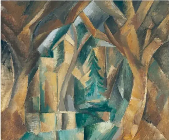 Reproducción del cuadro *El parque de Carrières-Saint-Denis* (1909) de Georges Braque, paisaje con árboles y vegetación geometrizados en tonos verdes, ocres y azules.