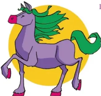 Ilustración de un caballo morado con crin verde sobre un fondo amarillo.