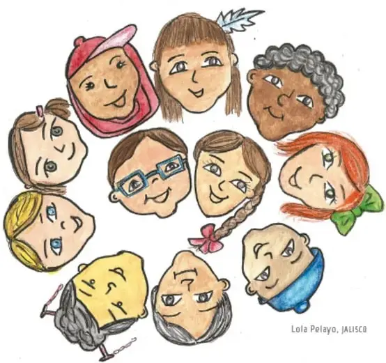 Ilustración de rostros diversos de niñas y niños de distintos colores de piel y peinados, dibujada por Lola Pelayo, Jalisco.