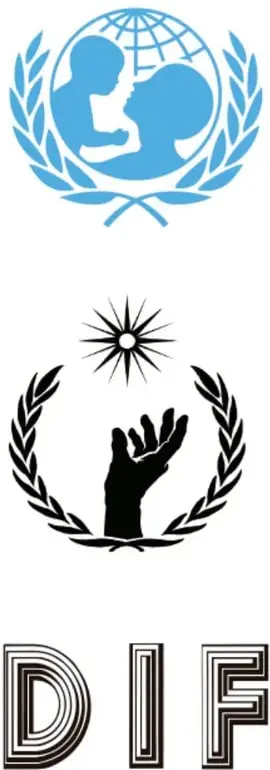 Emblema azul de UNICEF con silueta de madre e hijo dentro de un globo terráqueo rodeado de ramas de olivo.