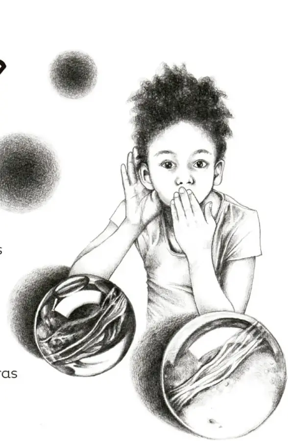 Ilustración en blanco y negro de una niña con las manos en la boca, rodeada de esferas oscuras y dos recipientes con agua o espejos que reflejan su imagen.