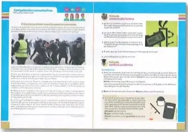 Imagen de una doble página asociada con la competencia comunicacional y actividades de la unidad.