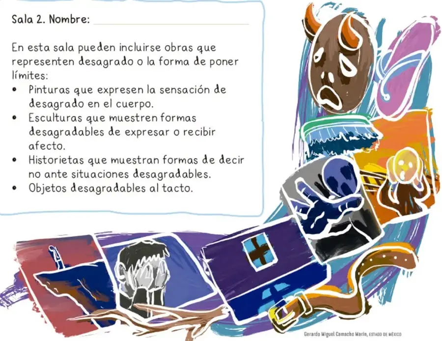 Ilustración colorida con máscaras, rostros y objetos que expresan emociones como el desagrado y el rechazo.