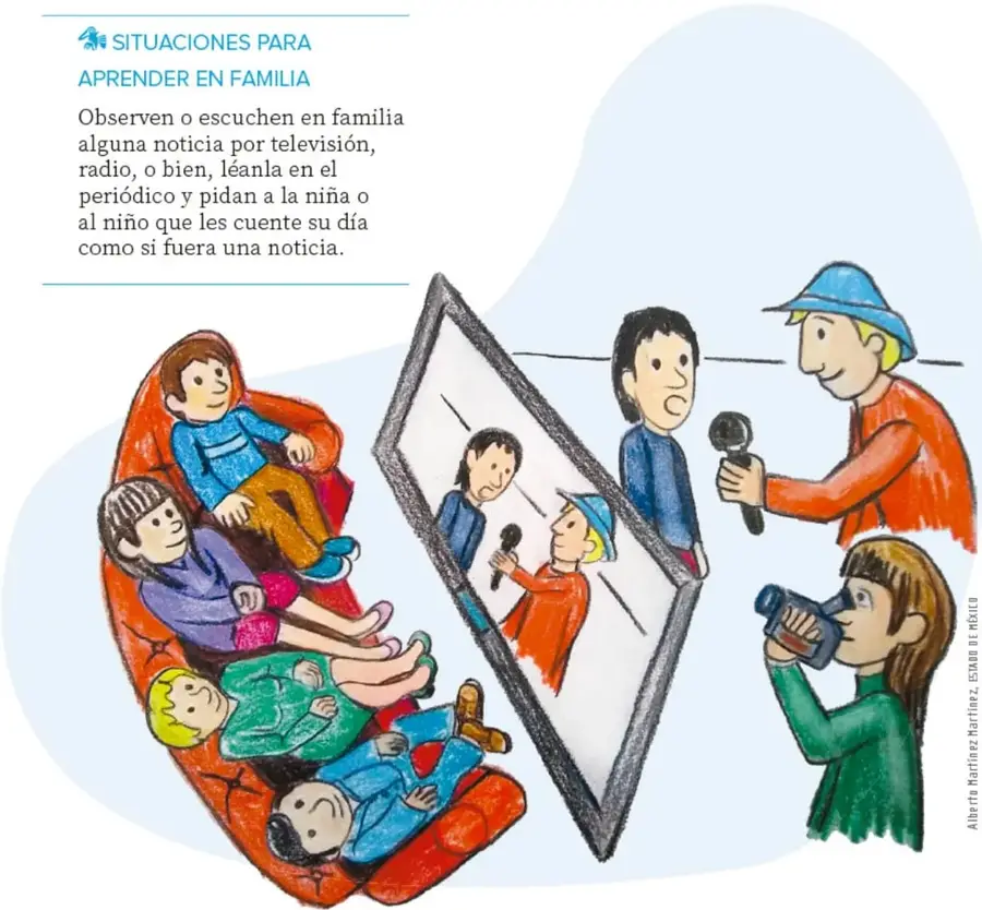 Ilustración: una familia viendo la tele en un sillón; dentro de la pantalla se ve un reportero entrevistando a una persona con micrófono mientras otra la filma con cámara.