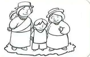 Ilustración de una familia con personas adultas y un niño, usando vestimenta tradicional.