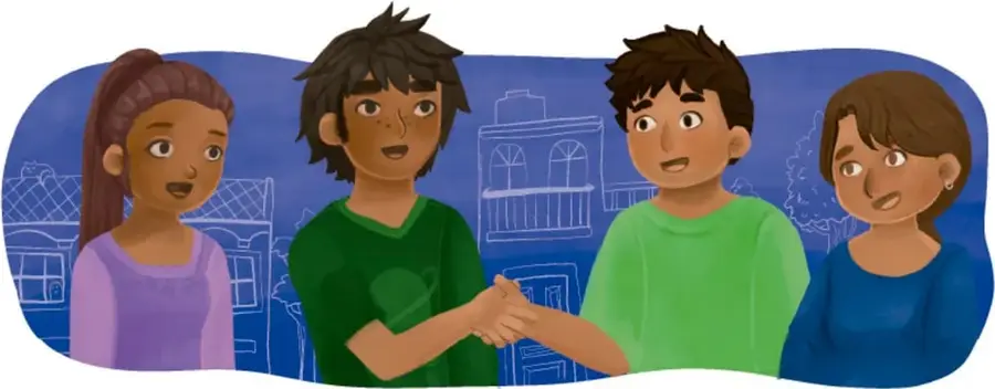 Cuatro niños de diferentes tonos de piel sonriendo y dándose la mano, con dibujos de casas y árboles de fondo en tonos azules.