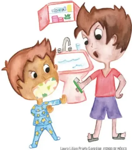 Ilustración de dos niños en el baño: uno se lava los dientes (o con escupidera) y otro, mayor, lo regaña junto al lavabo. Crédito: Laura Lilian Prieto González, Estado de México.