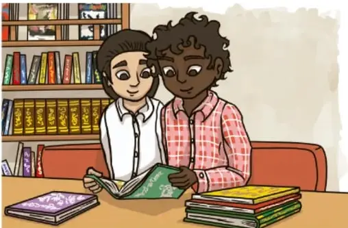 Ilustración de dos niños sentados en una biblioteca leyendo un libro verde; hay estantes con libros y más libros sobre la mesa.