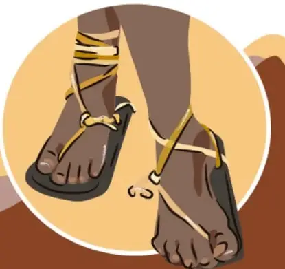 Dibujo en primer plano de un pie calzado con huarache tradicional de cuero amarrado, dentro de un círculo.