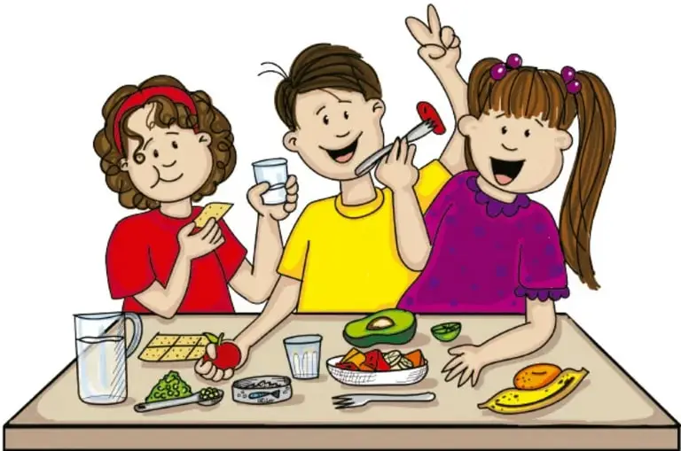 Ilustración de tres niños sonrientes en una mesa compartiendo alimentos saludables: jarra de agua, galletas, fruta, aguacate, guacamole y plátano; crédito Ana Lucía Zamudio González, Puebla.