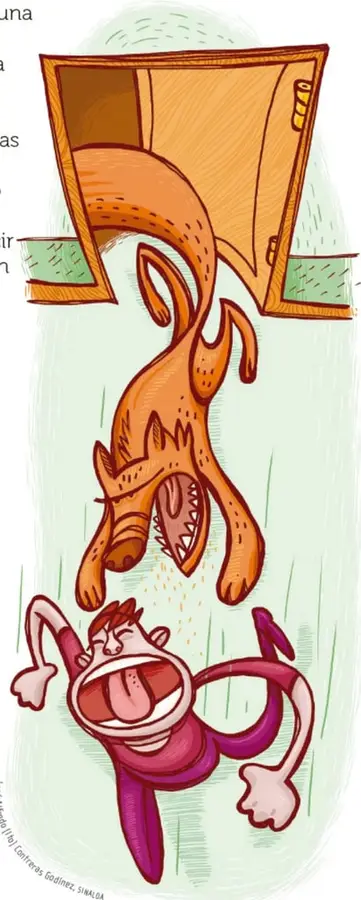 Ilustración a mano alzada: un perro naranja grande (Caperuzo) entra saltando por la puerta abierta de una casa, ladrando furioso con los dientes descubiertos, y una persona de camiseta magenta huye aterrada hacia abajo del recuadro.