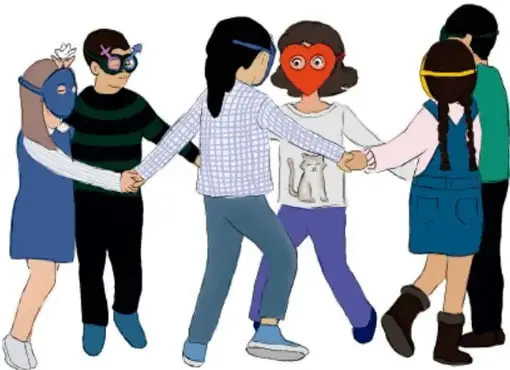Grupo de seis niños y niñas con máscaras tomados de la mano, formando un círculo (ilustración de Filomena Tun Cocon, Quintana Roo).