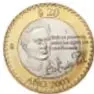 Fotografía del reverso de la moneda de veinte pesos de México del año 2001 con el retrato de Octavio Paz, de 32 mm de diámetro.