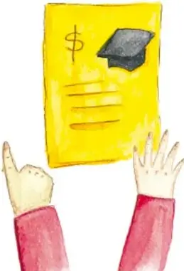 Ilustración de dos manos sosteniendo una hoja amarilla con un signo de pesos y un birrete, junto a un dedo que señala; representa la valoración y el criterio para decidir.