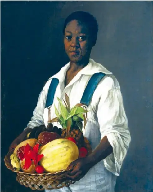 Reproducción de un cuadro de la pintora mexicana María Izquierdo: mujer afrodescendiente con camisa blanca sosteniendo una canasta con frutas tropicales (piña, mango, mamey, flores).