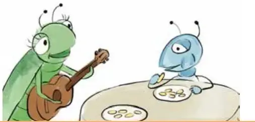 La cigarra toca la guitarra mientras la hormiga come de un plato con granos, sentadas a una mesa.