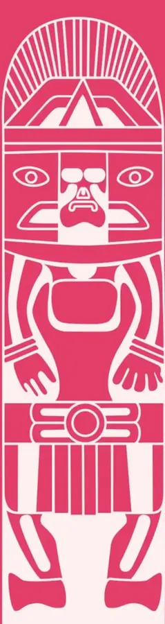 Ilustración estilizada en color rosa y blanco de una figura humana con tocado, brazos extendidos y faldón, de estilo inspirado en el arte indígena norteamericano.