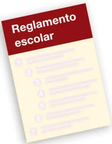 Portada de un cuaderno con el título 'Reglamento escolar' y una lista numerada del 1 al 7.
