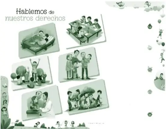 Miniatura de la portada del recurso 'Hablemos de nuestros derechos': seis tarjetas ilustradas con escenas de vida cotidiana (descanso, alimentación en familia, juego al aire libre, lectura, consulta médica, juego colectivo) rodeadas de motivos infantiles.