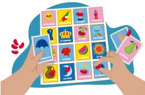 Ilustración de dos manos sosteniendo cartas de lotería mexicana con figuras como el diablo, la corona, el sol, la luna, la rosa, la pera y el paraguas, símbolo del juego de azar.