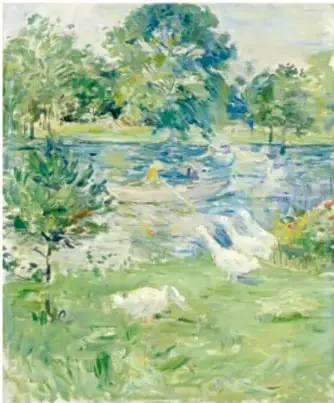 Óleo de paisaje fluvial con una chica en un bote y gansos, pincelada suelta en verdes y azules, ca. 1889.