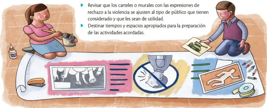 Ilustración de dos estudiantes (una niña pintando y un niño recortando) trabajando sobre un gran mural en el piso con imágenes de rechazo a la violencia; crédito Ricardo Rodolfo Figueroa Cisneras, Ciudad de México