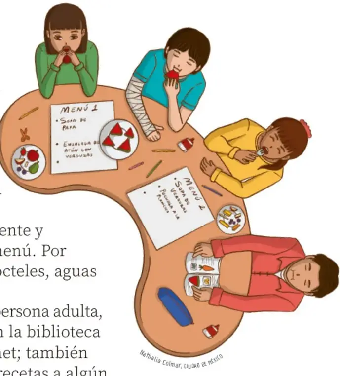 Ilustración de cuatro niños alrededor de una mesa en forma de arbusto, elaborando menús escritos a mano (Menú 1 y Menú 2) con ingredientes como sandía y verduras, usando lápices, colores y recetarios.