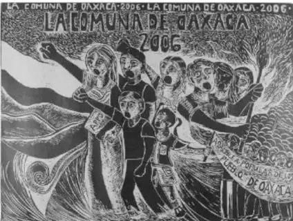 Grabado en blanco y negro titulado "La Comuna de Oaxaca 2006" que muestra a un grupo de personas levantando los brazos y sosteniendo pancartas, con estilo de arte gráfico popular.