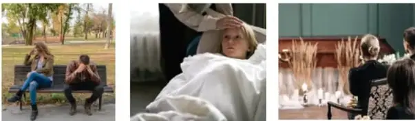 Tres fotografías: personas sentadas en un banco, persona enferma en cama, grupo en un funeral.