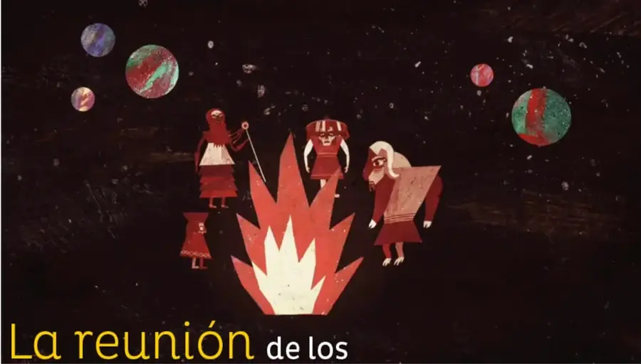 Ilustración nocturna: varios seres fantásticos (la mujer peluda, el sombrerón, el duende y otros espantagentes) alrededor de un fuego en el espacio, con planetas y estrellas de colores.