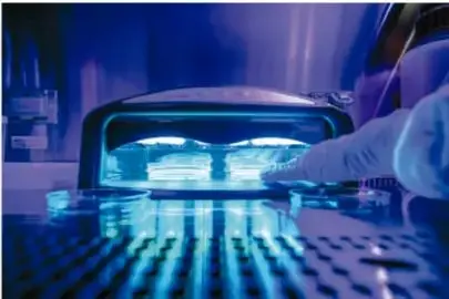 Máquina industrial con luz ultravioleta, probablemente para secado o desinfección.