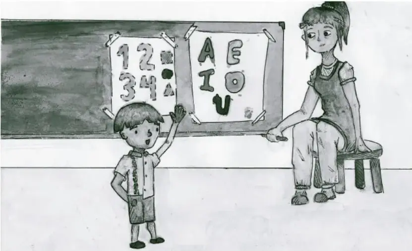 Ilustración de un niño señalando un pizarrón con números y letras, mientras una maestra sentada lo observa. El niño tiene el brazo levantado y la maestra sostiene un puntero.