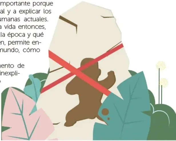 Ilustración de una vasija o figura prehispánica con una gran X roja encima, rodeada de hojas, que simboliza el saqueo y la prohibición de extraer piezas arqueológicas.