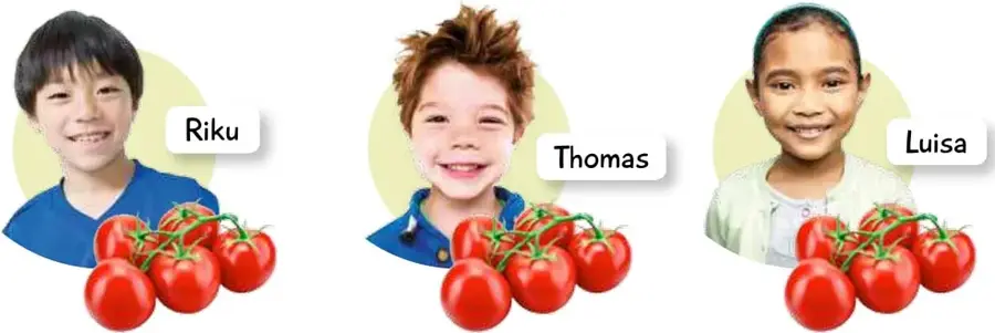 Tres recuadros con 5 tomates cada uno, etiquetados Riku, Thomas y Luisa.