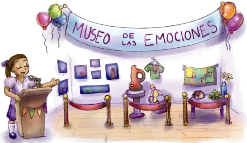Ilustración de una niña en una tribuna dando un discurso frente a un toldo que dice 'MUSEO DE LAS EMOCIONES', con globos, obras enmarcadas en la pared, esculturas, una mesa con frutas y barandas rojas; crédito a Diana Anahí Sainz Villarreal, Baja California.