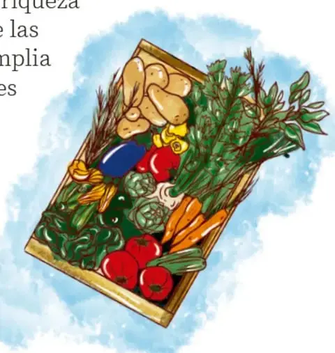 Ilustración de un cajón de madera repleto de verduras y hortalizas: jitomate, zanahoria, chile, calabaza, epazote y otros, obra de Gimenna Schiaffini Rosales, Puebla.