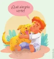 Ilustración de un niño alegre junto a un perro; aparece la expresión «¡Qué alegría verte!», relacionada con la función expresiva.